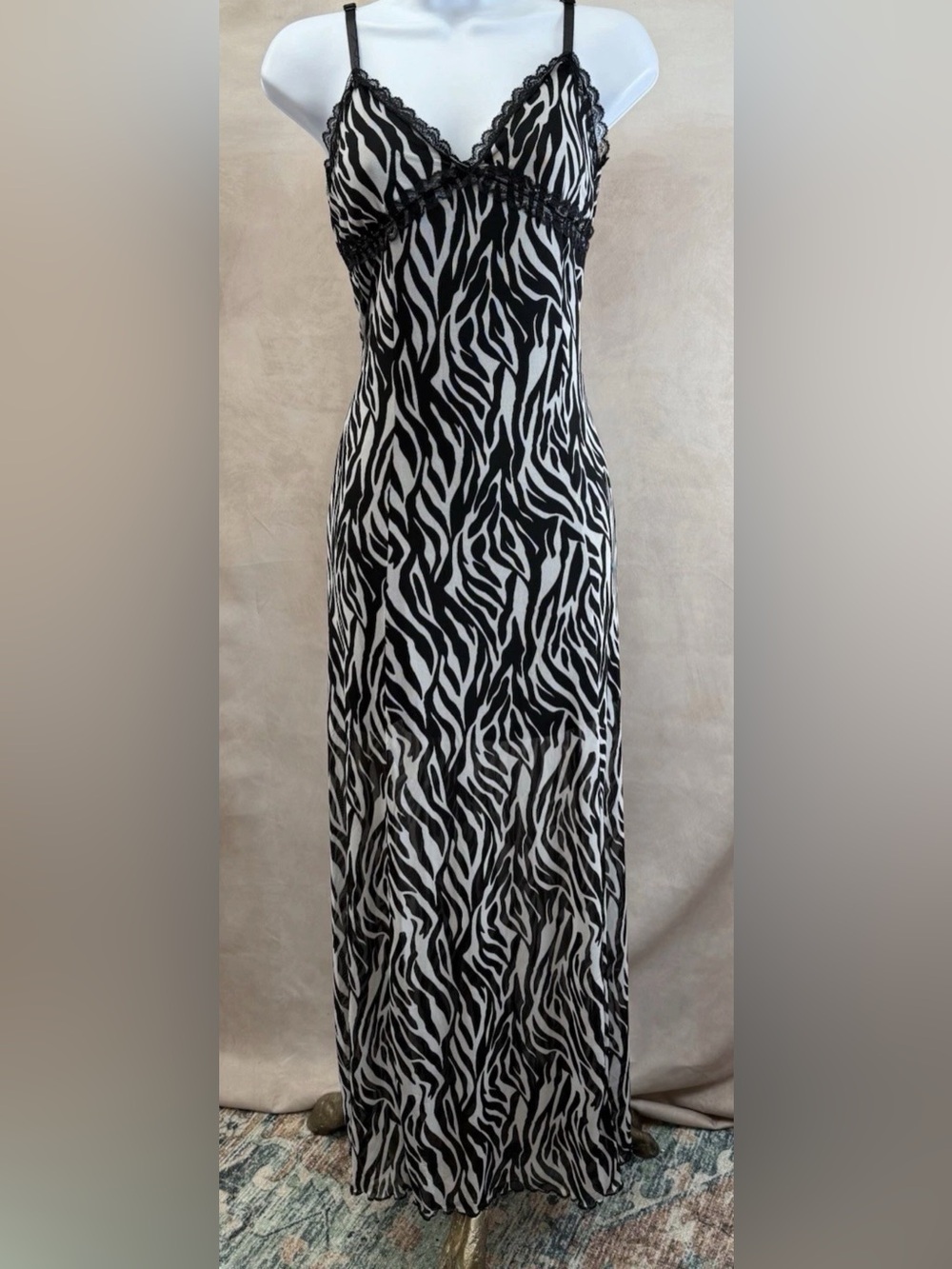 NWOT Hot Topic Mesh Zebra Print Lace Trim Goth Maxi Slip Dress Size S